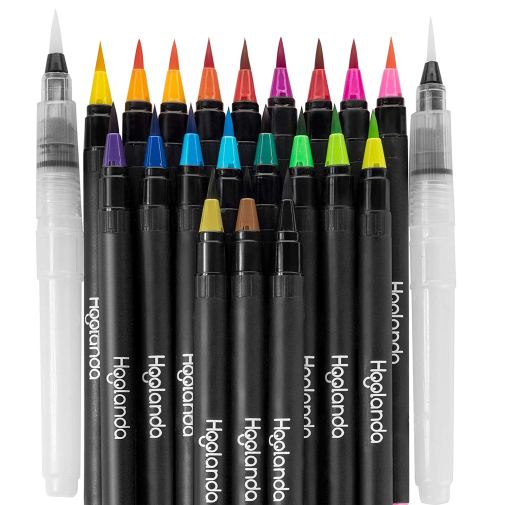 Mozart Supplies Water Brush Pens - Set of 6 Brush Tips - Great for Watercolor Paints, Water Soluble Pencils, Brush Pens, Markers - Refillable Brush